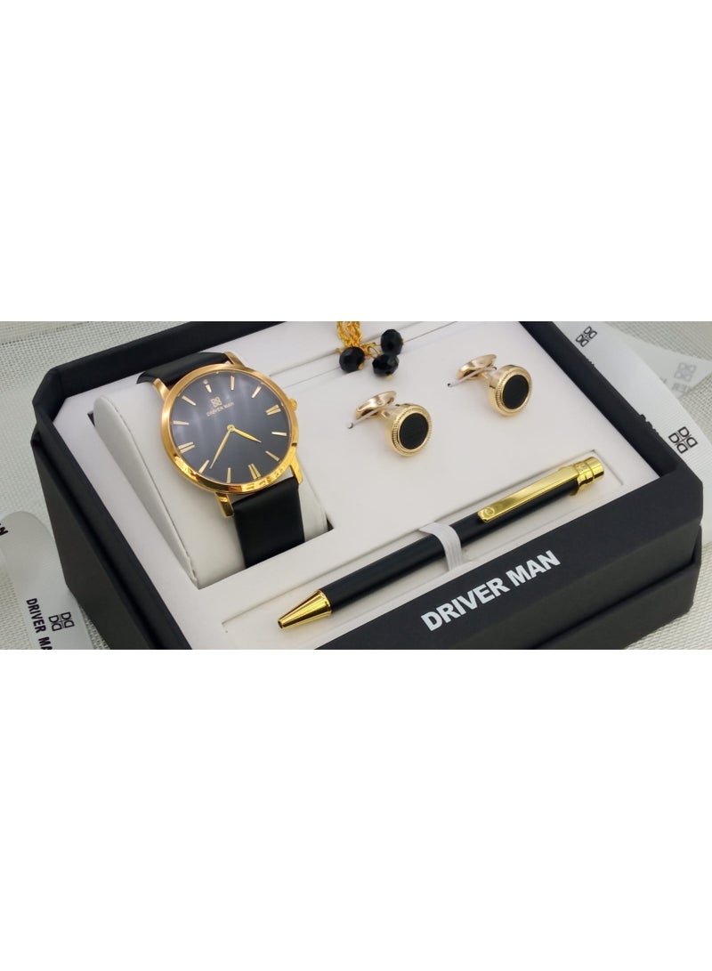 طقم رجالي من الستانلس ستيل مكون من ساعة وسبحة وقلم وازرار اكمام القمصان